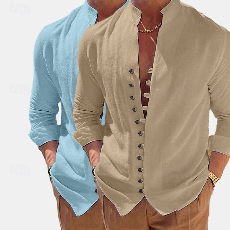Men's Shirt Linen Shirt Summer Shirt Casual Shirt Button Up Shirt Plain Vacation Curise Green+pink Green+Khaki Blue+Khaki Khaki+Orange Long Sleeve Band Collar Summer Spring &  Fall Clothing Apparel 2026 - $29.99 –P11