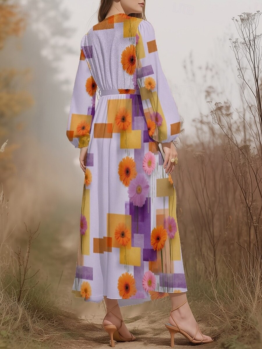 Damen Midikleid Freizeitkleid Chiffon Schwingkleid Modern Urlaub Täglich Wochenende Normale Passform Blumen Karomuster Langarm V Ausschnitt Purpur Grün Grau Sommer Frühling Herbst 2025 - $31.99 –P8