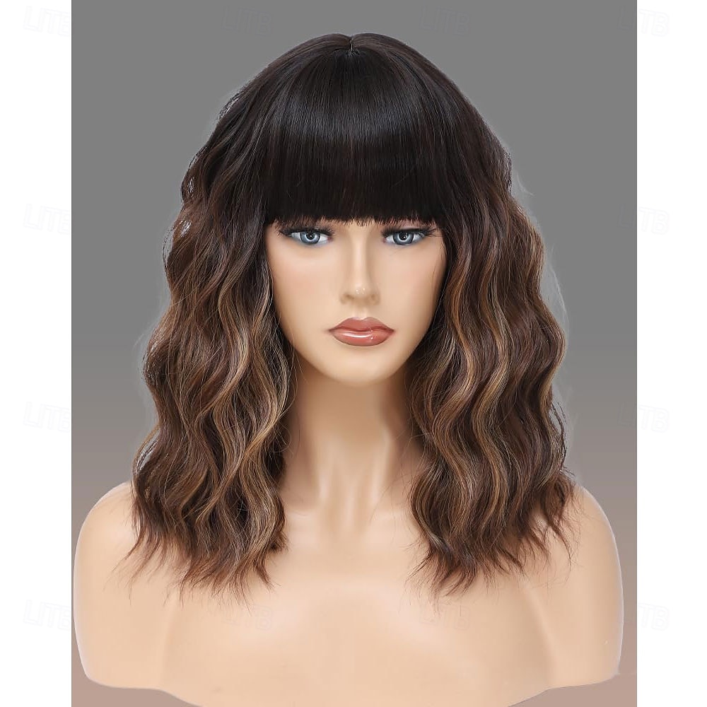 Peruca loira com mechas castanhas e franja, peruca curta e cacheada para mulheres, comprimento dos ombros de 14 polegadas, perucas de substituição de cabelo de aparência natural para uso em festas de de 2026 por $23.99 –P3