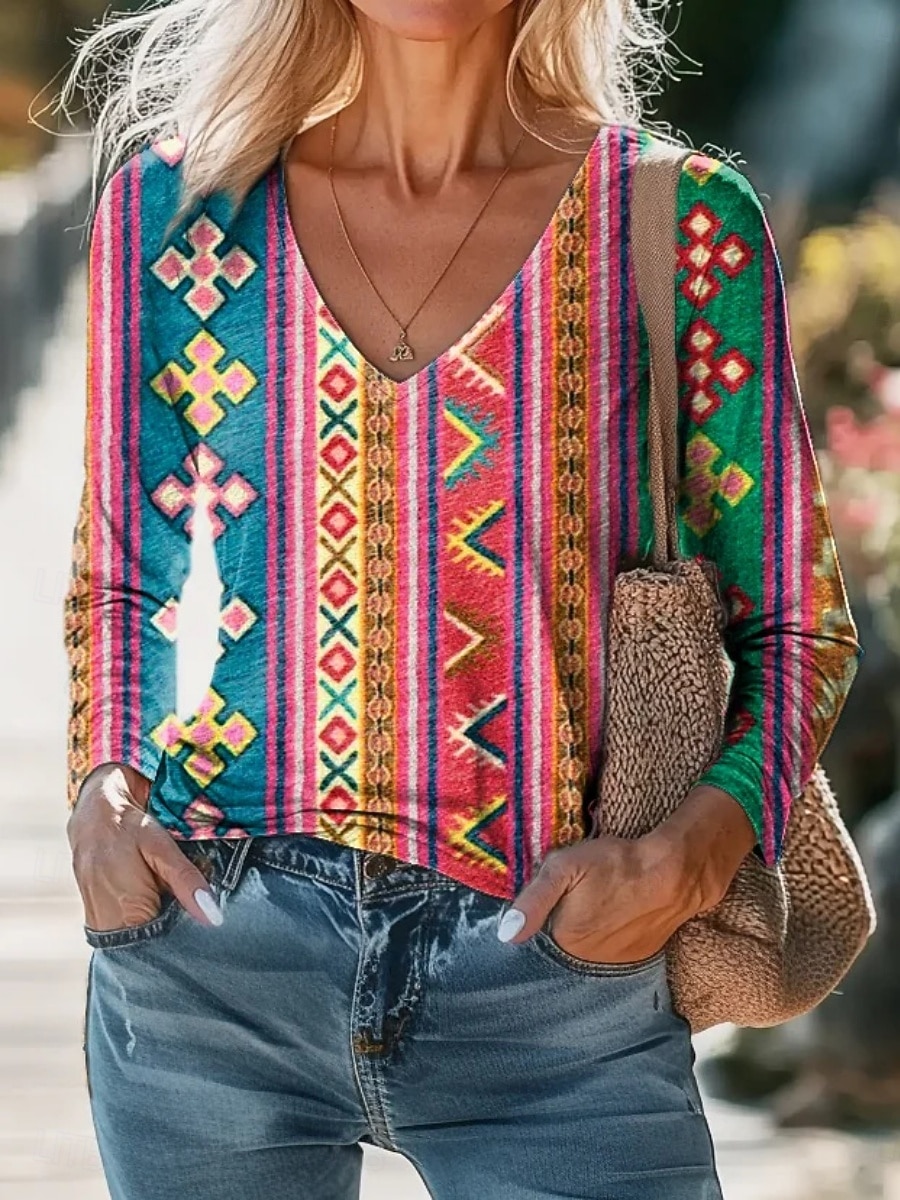 Women's Blouse Print Floral Paisley Bohemia Daily Long Sleeve V Neck Regular Tops Daily Holiday White Yellow Pink Rainbow Summer Spring Fall 2026 - $22.99 –P4
