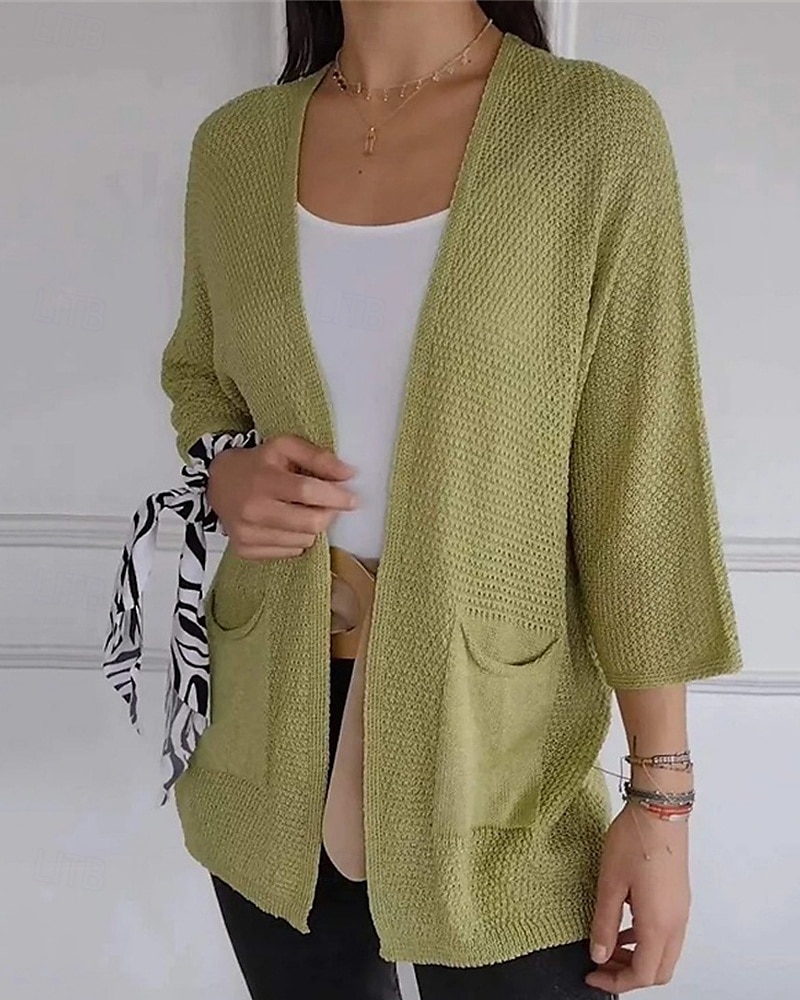 Pentru femei Pulover Bluza Modă Șic Stradă Zilnic Culoare solidă Striat Deschis frontal Tricotat Lungime Manșon 3/4 Topuri obișnuite Tricotat Concediu Ieșire Sfârșit de săptămână Verde Militar 2025 - $24.99 –P5