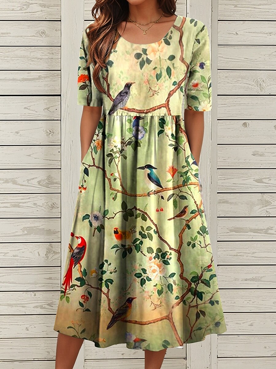 Dames Halflange jurk Zomerjurk Geplooide jurk Vakantie Casual Feestdagen Normale pasvorm Bloemig Grafisch Halve mouw Strakke ronde hals blauw Bruin Groen Zomer Lente 2025 - $31.99 –P2
