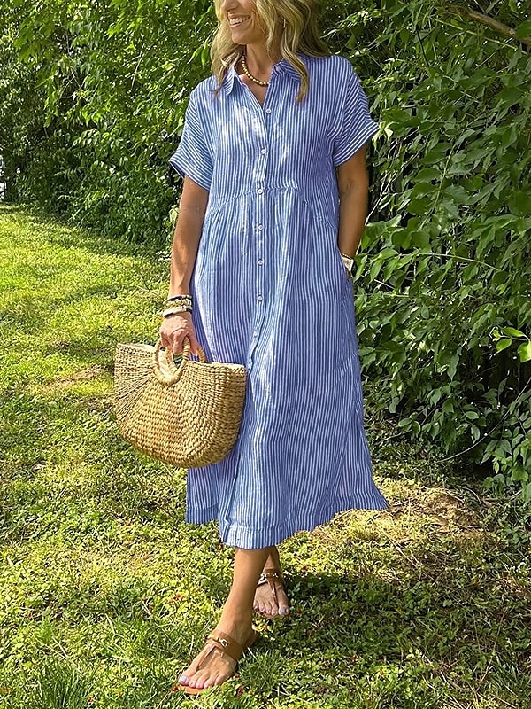 Dámské Midi šaty Bavlněné Maxi šaty Na běžné nošení Volný Pevná barva Bez vzoru Krátký rukáv Košilový límec Klopa Světle žlutá Černá Bílá Žlutá Léto Jaro Podzim 2025 - $36.99 –P2
