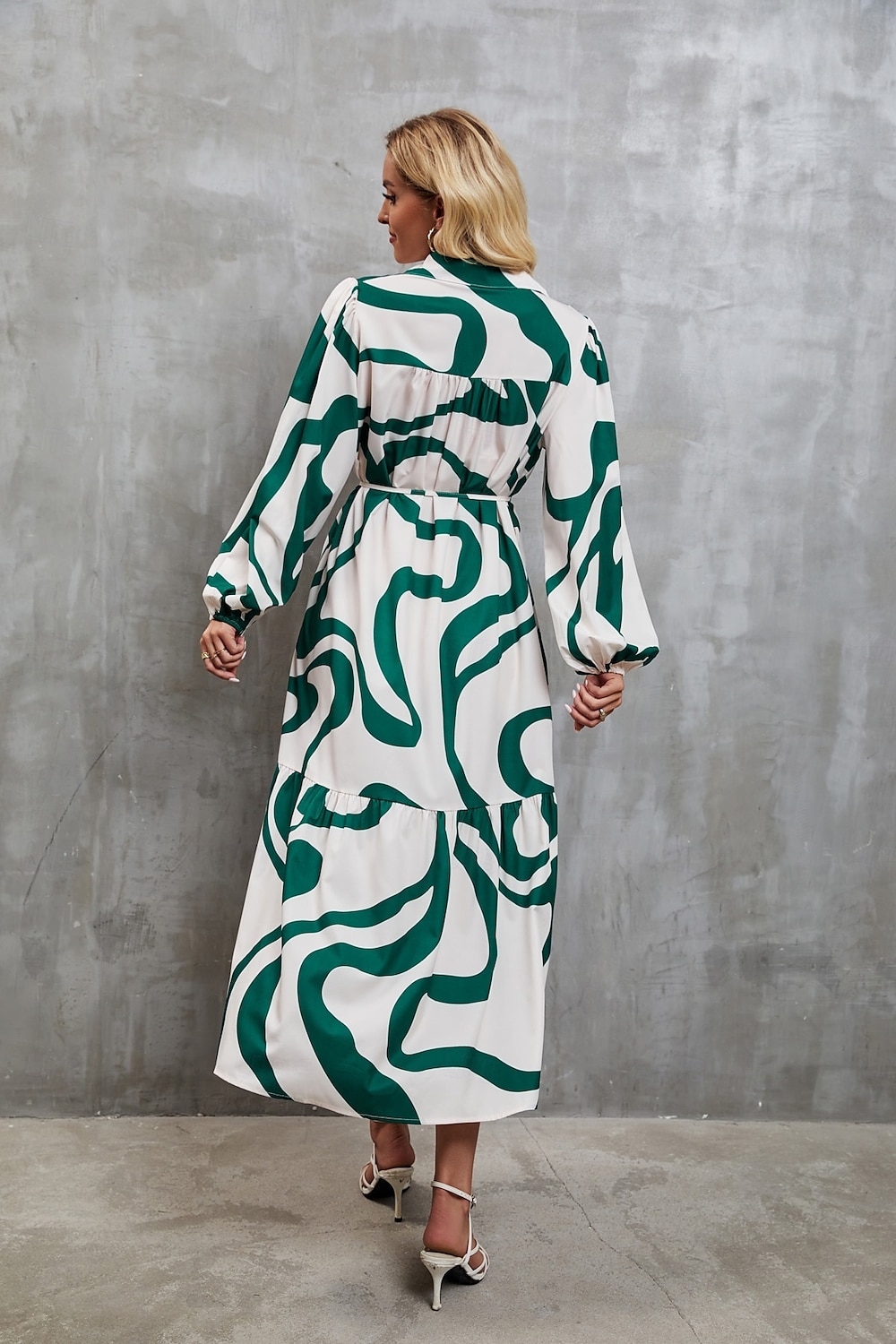 Dames Maxi-jurk A lijn jurk Vakantie Feest Casual Feest Dagelijks Afspraakje Normale pasvorm Abstract Lijn Lange mouw Overhemdkraag Zwart-wit print Groene en witte print Zomer Lente Herfst 2025 - $32.99 –P7