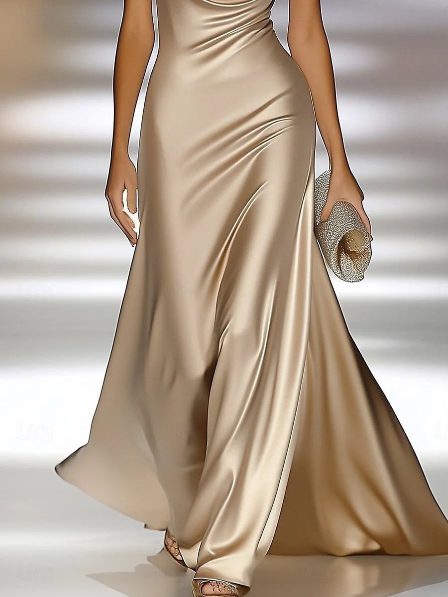 Robe de soirée dorée élégante, robe de mariée formelle, traîne à balayage / pinceau, sans manches, col bénitier, satin avec fronces 2025 de 2025 ? $139.99 –P2