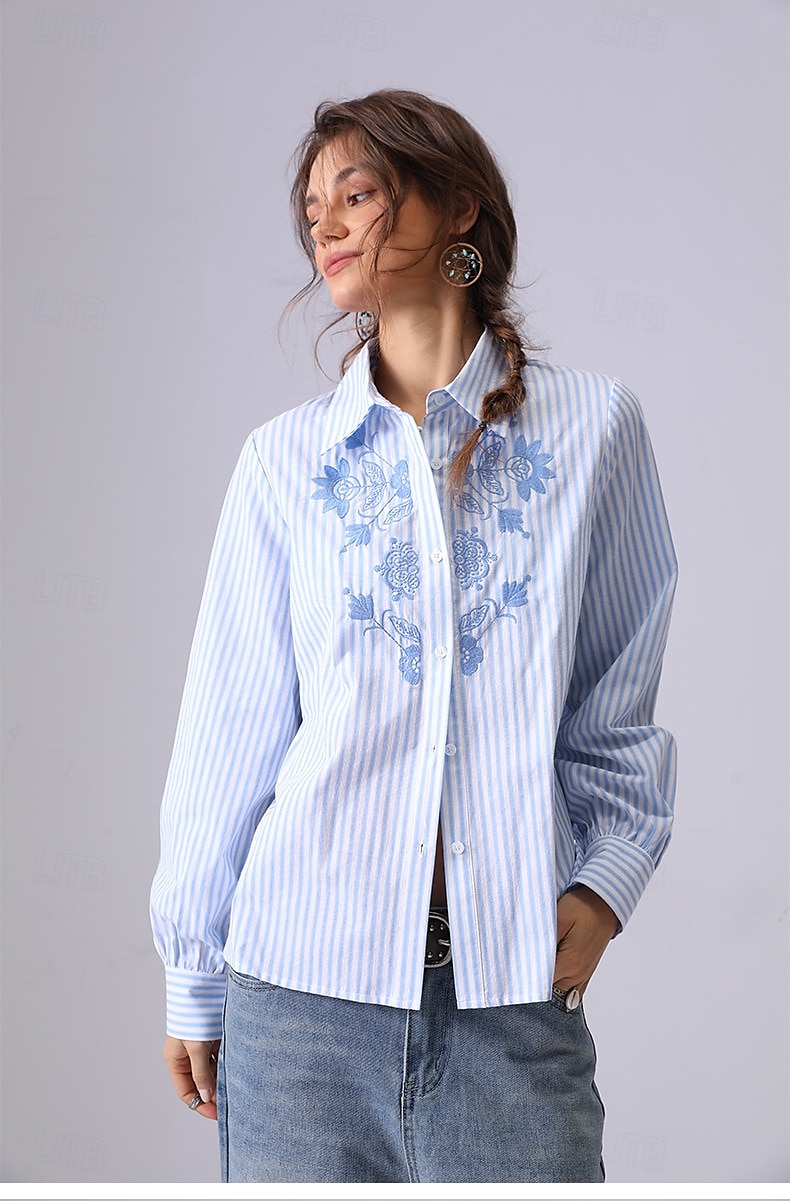 Femmes Chemise Fleuri Rayé Élégant Bohème ancien manche longue Col de chemise Hauts Réguliers Travail Quotidien Fête Broderie 1# Original bleu clair-BLEU Printemps, Automne, Hiver, Été de 2025 ? $41.99 –P8