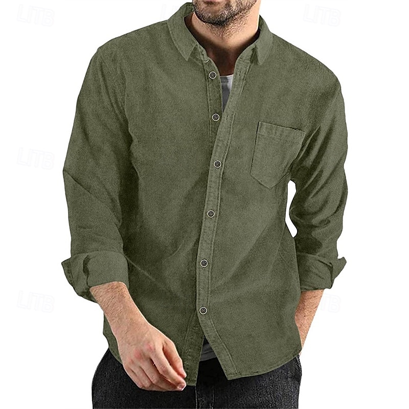 Men's Shirt Jacket Corduroy Jacket Casual Jacket Shacket Vacation Daily Breathable Pocket Spring Fall Plain Fashion Classic Lapel Regular Black Navy Blue Brown Army Green Dark Gray Jacket 2025 - $23.99 –P6