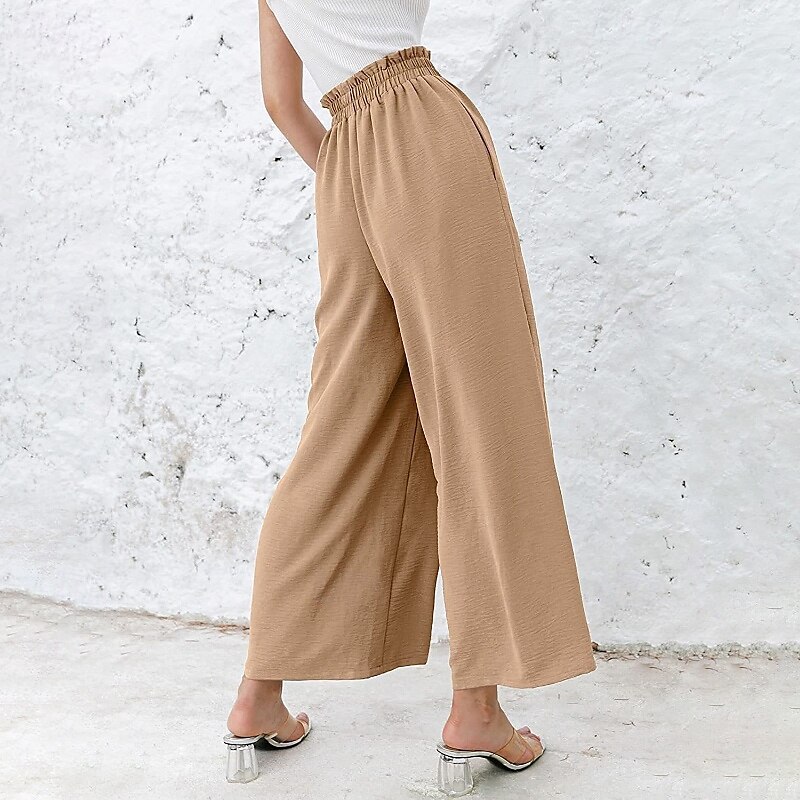 Femmes Jambe large Slacks Streetwear Occasionnel Longueur complète Naturel Uni Avec Poches Taille Élastique Confortable Fête Week-end Rouille Vert printanier Noir Blanche Automne Coupe régulière de 2025 ? $17.99 –P5