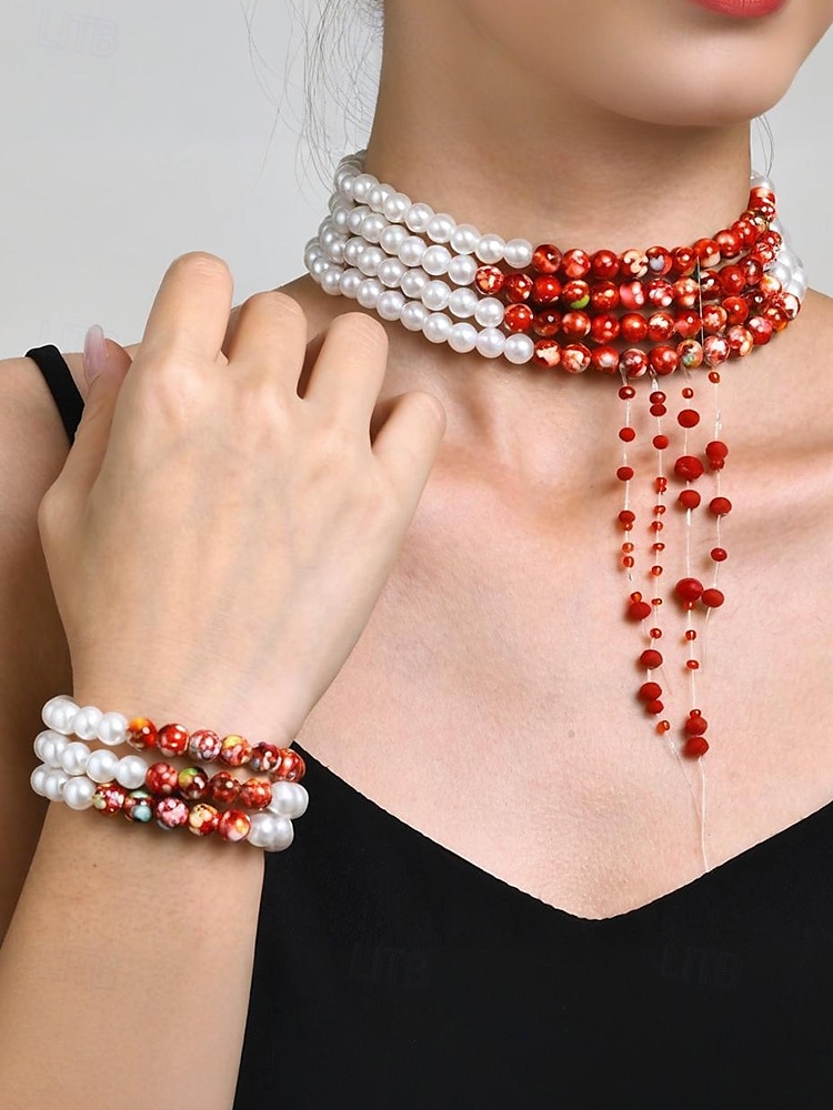 Conjunto de joyas de Halloween con gotas de sangre para mujer: gargantilla, pulsera y pendientes de perlas y cuentas rojas para fiestas de disfraces y eventos espeluznantes. 2025 - $18.99 –P2