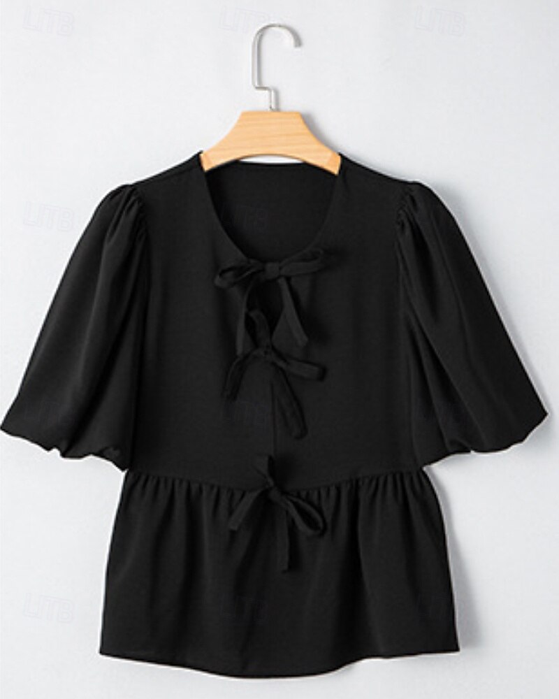 Femmes Chemisier Uni Moderne Occasionnel Manche Courte Col ras du cou Hauts Réguliers Quotidien Fête Sortir Œillet Noir Automne de 2025 ? $28.99 –P4