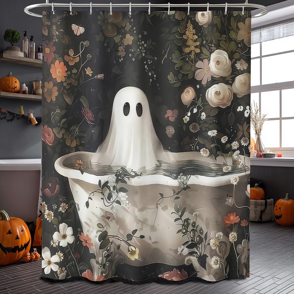 Halloweenský sprchový závěs s háčky, polyesterový, pratelný, voděodolný, vzorovaný, koupelnová vana, dekorace 2025 - $21.99 –P1