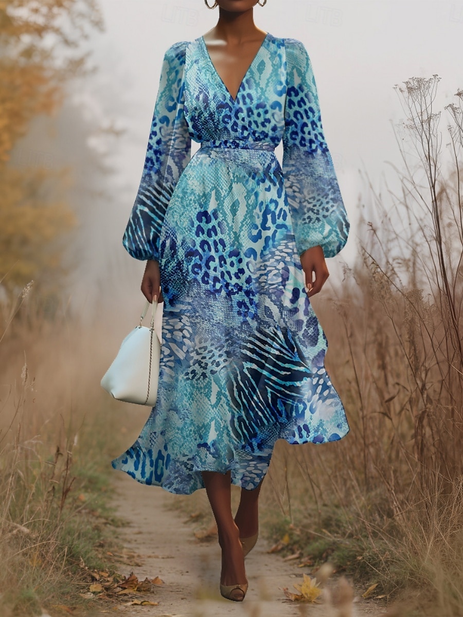 Women's Midi Dress Casual Dress Chiffon Swing Dress Modern Vacation Daily Weekend Regular Fit Leopard Long Sleeve V Neck Blue Brown Green Summer Spring Fall Autumn 2025 - $31.99 –P1
