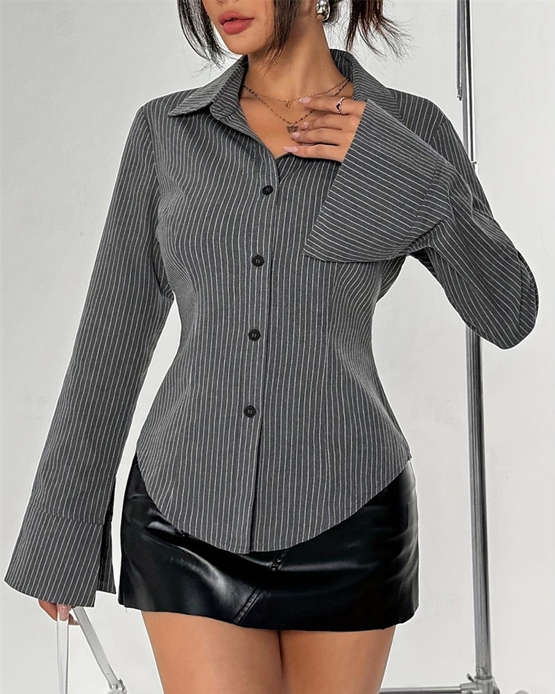Per donna Camicia Bottoni A righe Quotidiano Elegante Essenziale Manica Lunga Colletto a Camicia Top Regolari Quotidiano Lavoro Ferie Grigio Primavera Autunno del 2026 a $31.99 –P5