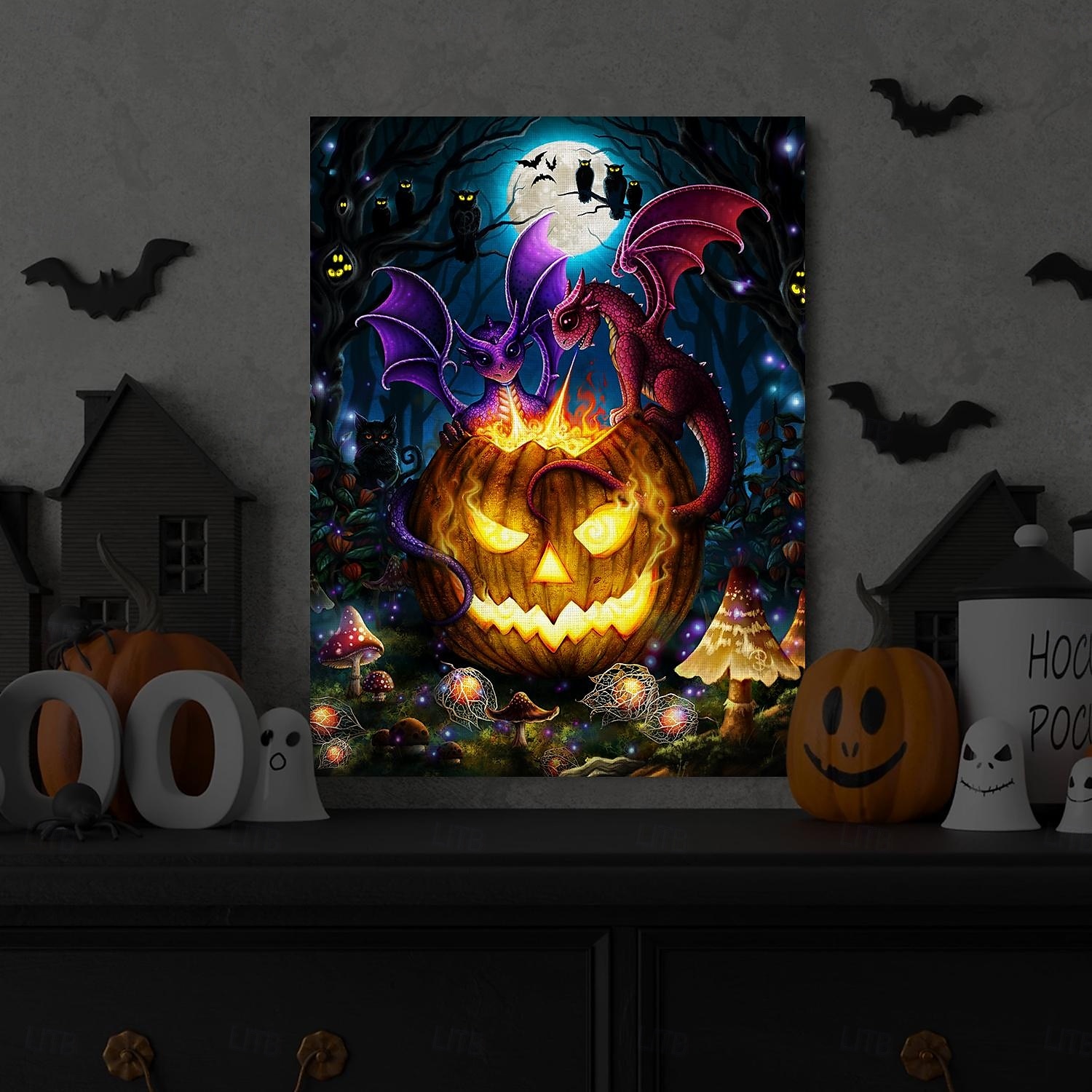 Halloween-LED-Wandbild auf Leinwand, der leuchtende Kürbis von Sarah Richter, LED-beleuchtete Wanddekoration, batteriebetrieben, beleuchteter Leinwanddruck, LED-Licht, Küche, Schlafzimmer oder 2025 - $35.99 –P4