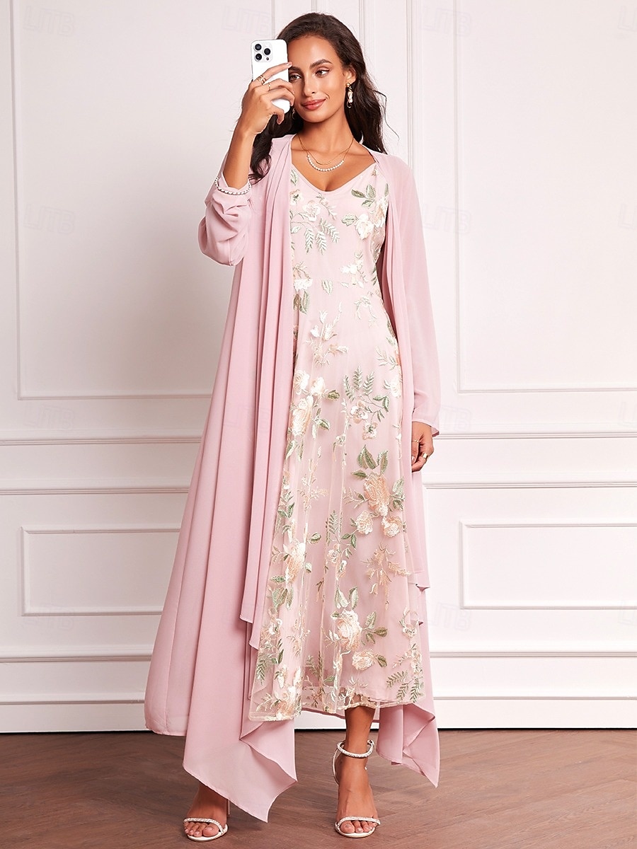 A-Linie Brautmutterkleid Elegant V Ausschnitt Bodenlang Chiffon Langarm mit Stickerei 2025 2025 - $119.99 –P5
