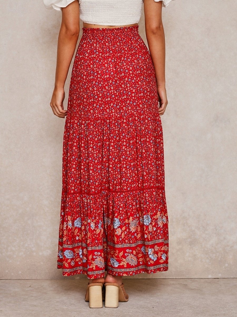 Mujer Falda Línea A Bohemia Casual Maxi Alta cintura Faldas Floral Estampado Microelástico Calle Diario Rojo Albaricoque Verano Poliéster Rayón 2025 - $28.99 –P3