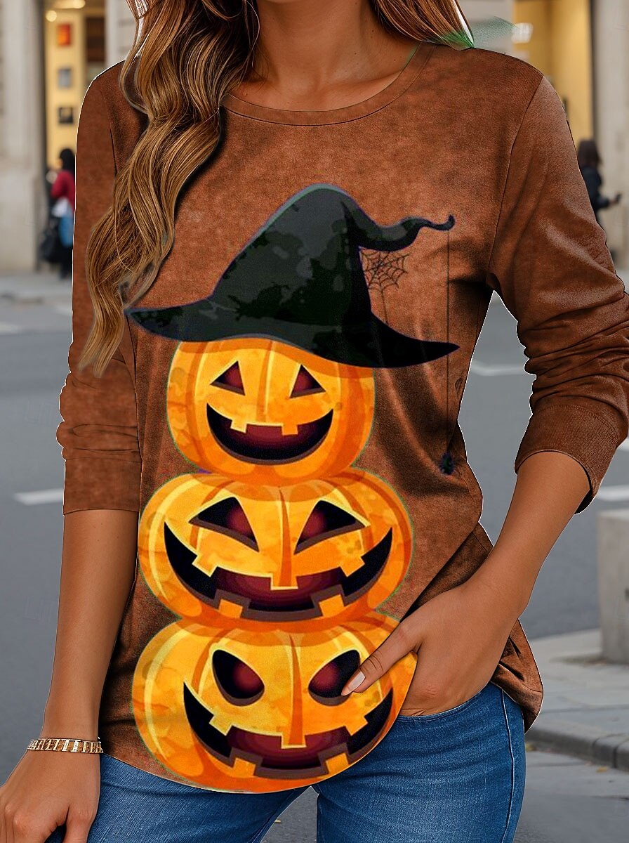 Halloween Femmes T-shirt Graphique Potiron ancien Élégant Classique manche longue Col ras du cou Hauts Réguliers Quotidien Imprimé Bleu Violet Vert Kaki Printemps Automne de 2025 ? $22.99 –P3