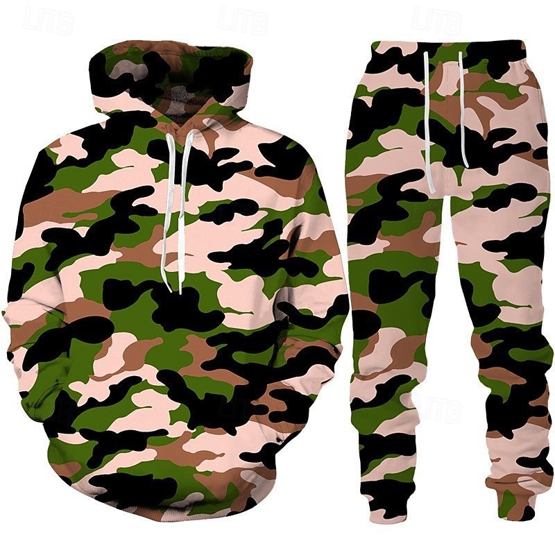 Herren Trainingsanzug Outfit-Set Kapuzenpullover Set Kapuzenpullover Outdoor Täglich Sport Tasche Kordelzug Tarnung Marineblau Dunkelgrün Grün Grafikdruck Polyester Sportkleidung Mode Streetwear 2025 - $34.99 –P3