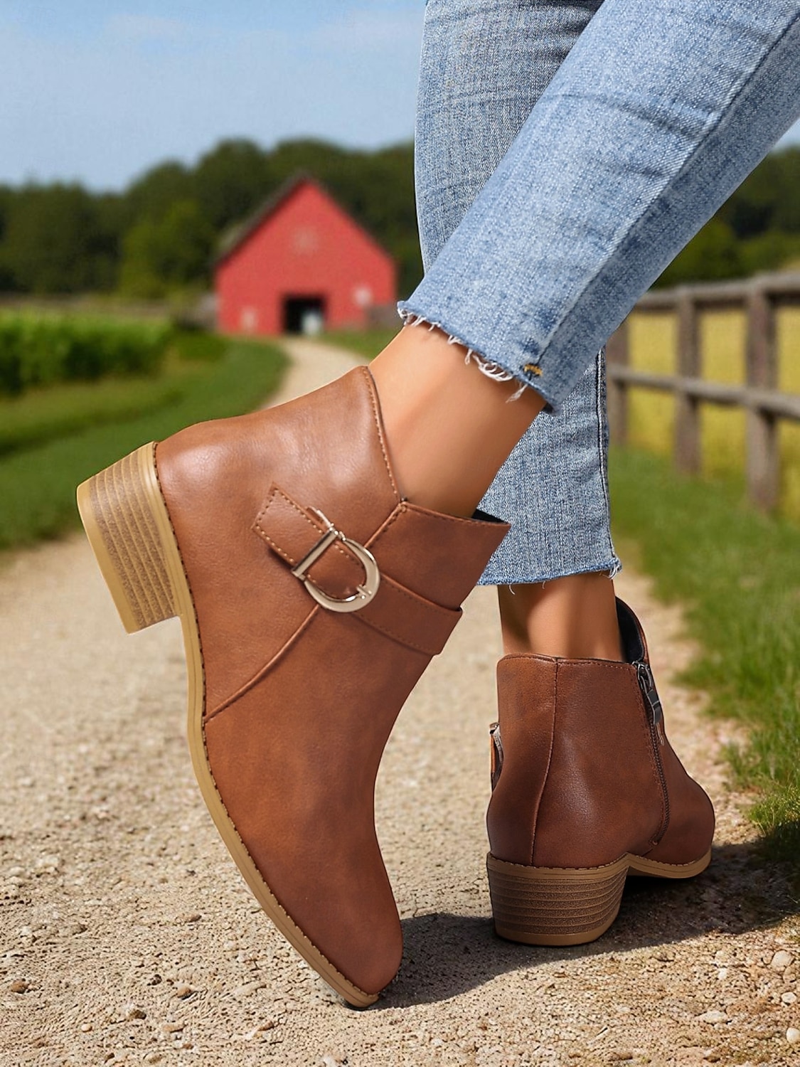Botines marrones de piel sintética para mujer: botines de tacón bajo con hebilla y cremallera lateral para salidas de otoño, paseos por el campo y uso diario. 2025 - $26.99 –P7