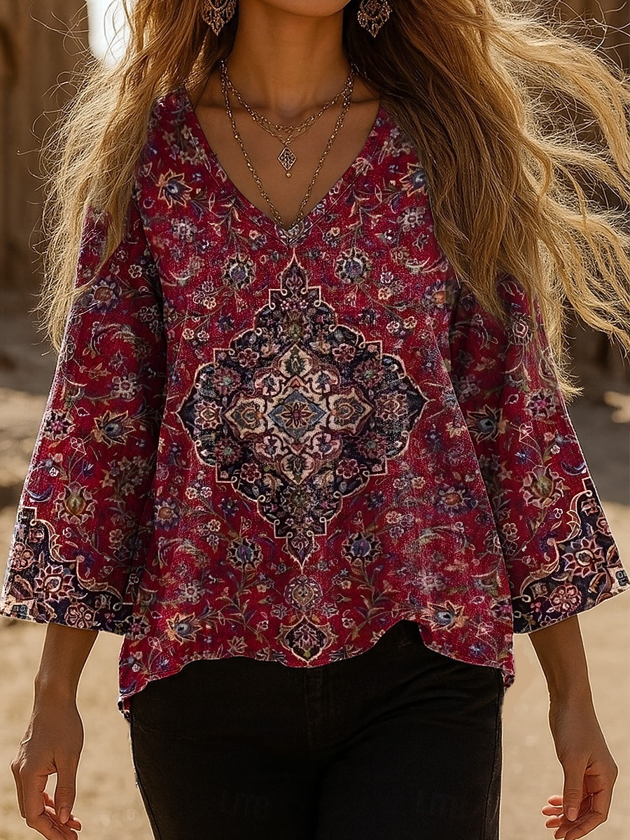 Dame Bluse Grafisk Paisly Bohem Årgang Stilfull 3/4 ermer V-hals Vanlige topper Daglig Svart Rød Blå Fuksia Grønn Sommer Vår Høst 2025 - $25.99 –P1