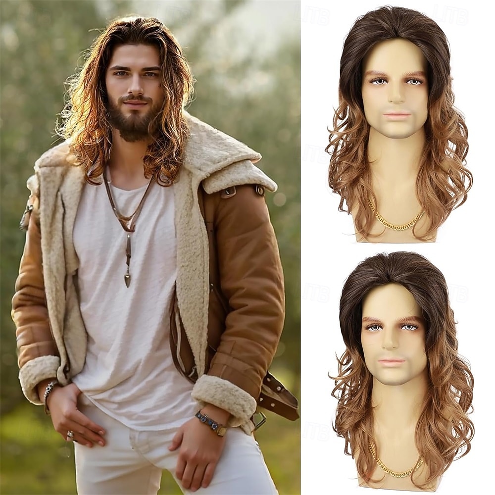 باروكة شعر رجالي طويل مجعد ومموج باللون الأبيض باروكة شعر صناعي مقاوم للحرارة للاستخدام اليومي في الحفلات التنكرية والهالوين 2025 - $26.99 –P2