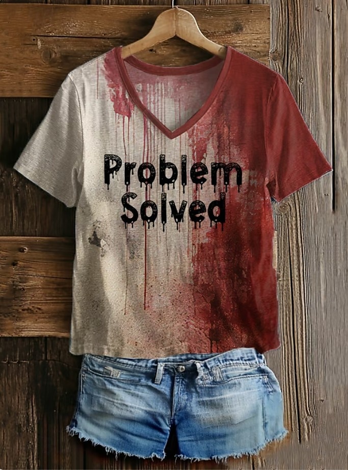 Krwawy Problem Rozwiązany Kobiecy T-shirt Plama Krwi Graficzny Litera Vintage Stylowy Klasyczny Krótki Rękaw V Dekolt Regularne Topu Codzienny Print Szary/Czerwony Biały Bordeaux Czerwony Biały Wiosna 2025 - $21.99 –P1