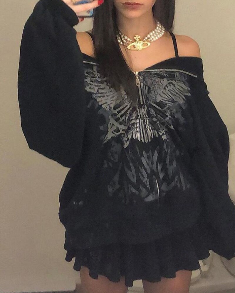 Femmes Sweat à capuche Fleuri Mode Streetwear manche longue À capuche Hauts Réguliers Rue Sortir Fermeture éclair Imprimé Noir Automne Hiver de 2025 ? $21.99 –P1