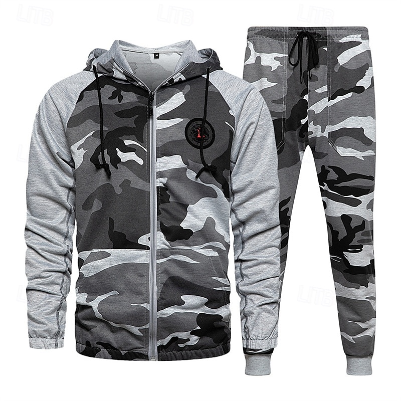 Per uomo Felpa con cappuccio Tuta da Ginnastica Felpa con cappuccio a zip intera Tuta da Allenamento Verde militare Cachi Grigio Con Cappuccio Mimetico 2 Pezzi Sport & Outdoor Quotidiano Ferie del 2025 a $42.99 –P1