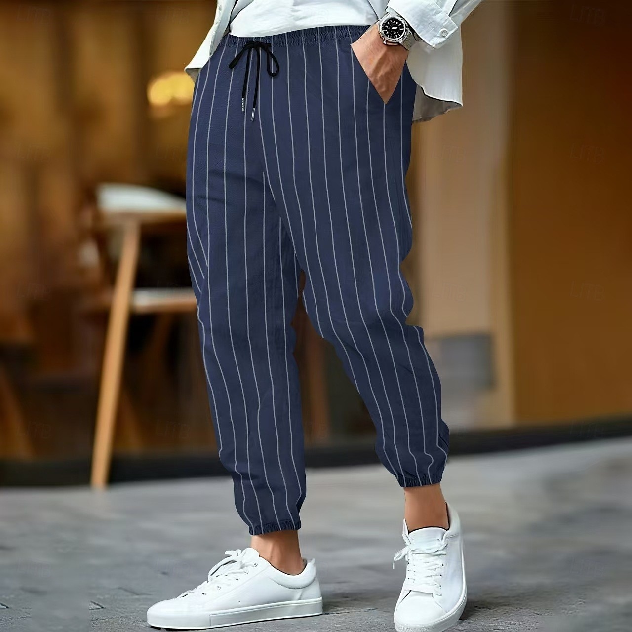 Homens Calças de linho Calças Calça verão Bolsos Cintura elástica Com Cordão Listrado Conforto Respirável Comprimento total Ao ar livre O negócio Diário Férias Negócio Preto Branco de 2025 por $23.99 –P4
