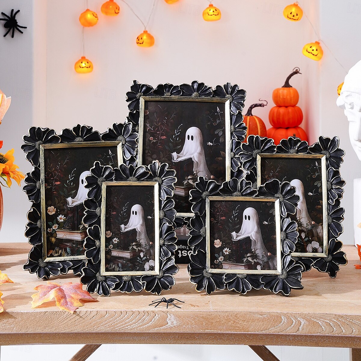 Cadre photo en résine gothique d'Halloween, motif marguerite 3D noir et or, cadre d'affichage photo rectangulaire pour la décoration intérieure, support photo chaud de bureau, utilisation horizontale de 2025 ? $17.99 –P1
