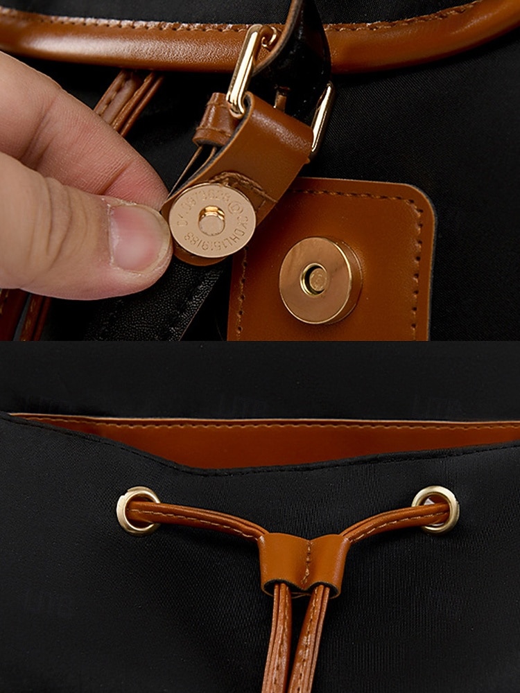 Women's Vintage Faux Leather Trim Backpack - Waterproof Canvas Preppy School Bag with Drawstring Closure for Teenage Girls, Students and Daily Use 2025 - $32.99 –P9