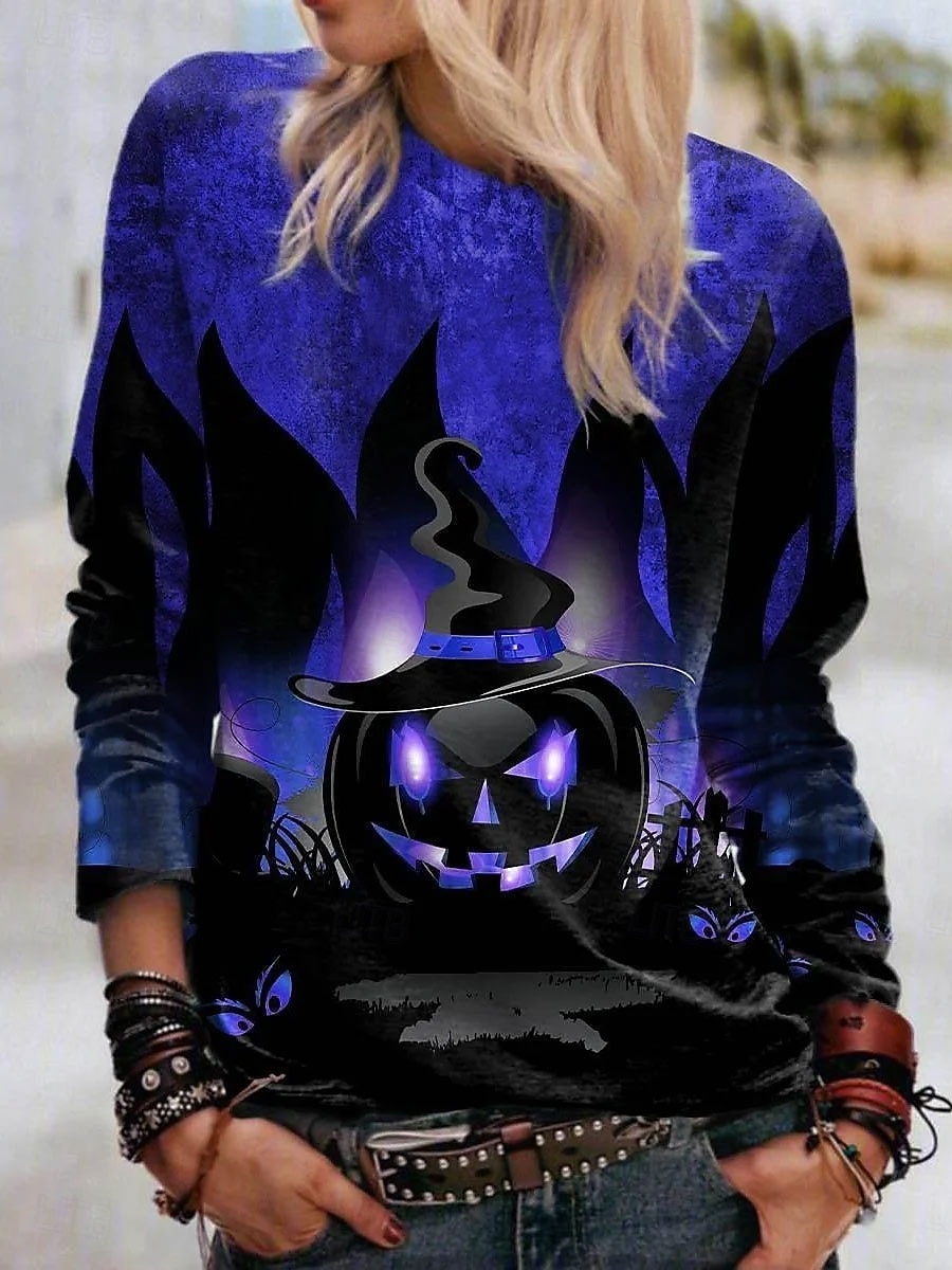 Halloween Maglietta Femminile Jack-o'-lantern Manica Lunga Girocollo Maglietta Grafica Fantasma Vintage Elegante Classica Top Girocollo Giornaliero Weekend Stampa Blu Viola Arancione Verde Primavera del 2026 a $24.99 –P3