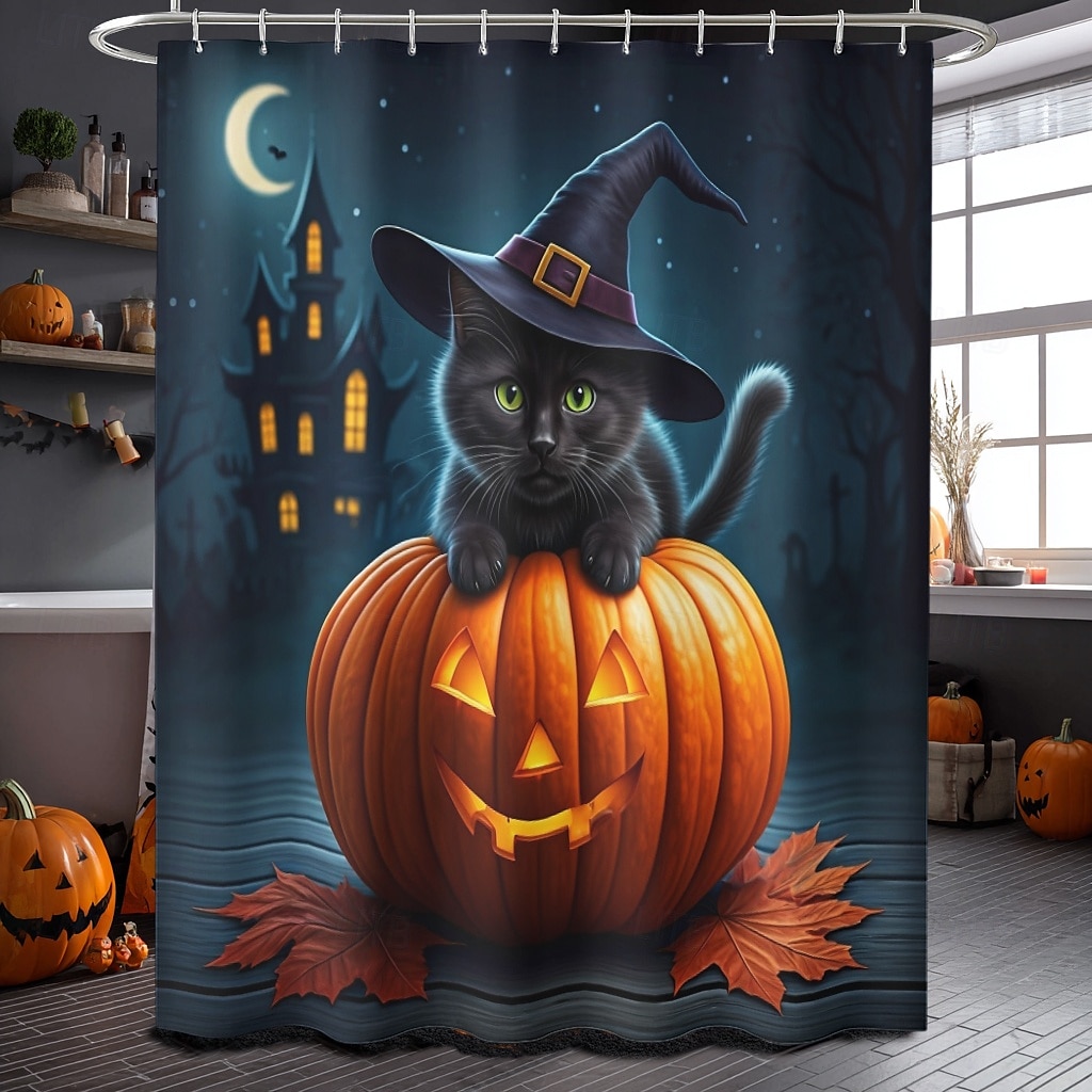 Halloweenský sprchový závěs s háčky, polyesterový, pratelný, voděodolný, vzorovaný, koupelnová vana, dekorace 2025 - $21.99 –P15