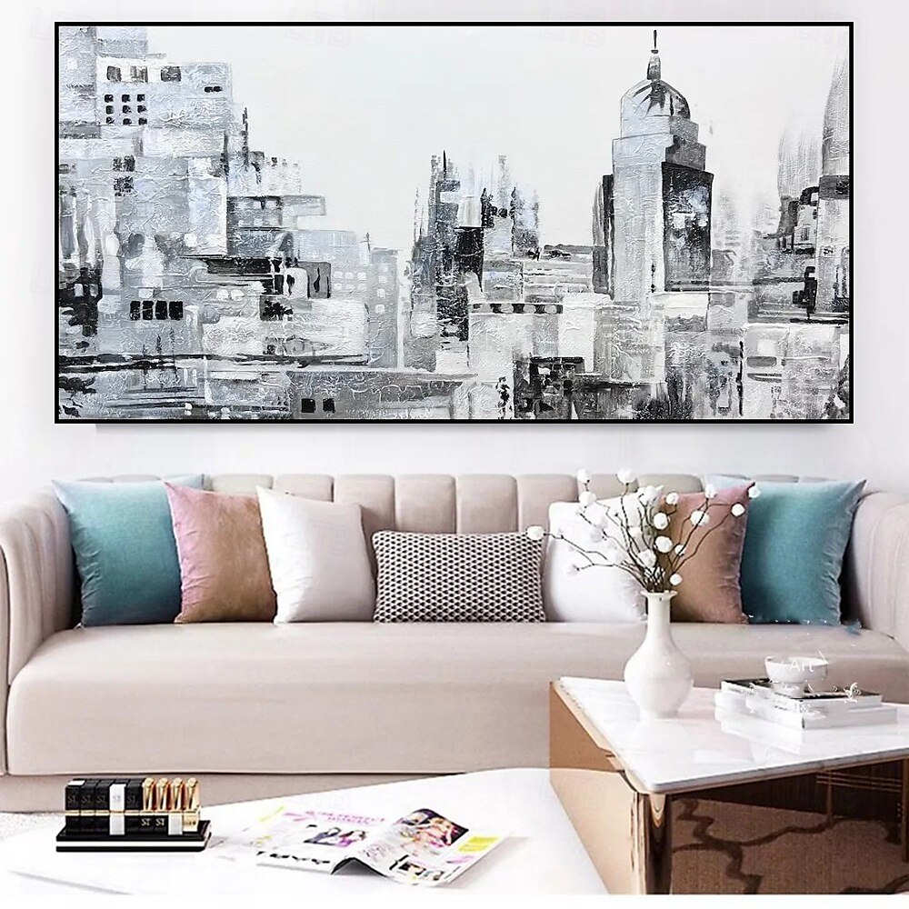 Peinture à l'huile faite à la main sur toile, décoration murale moderne abstraite, paysage architectural noir et blanc pour salon, décoration d'intérieur, peinture roulée sans cadre, non tendue de 2025 ? $69.99 –P4