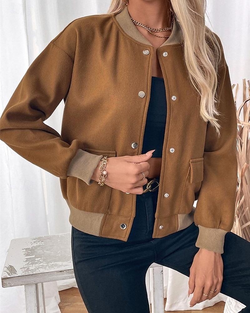 Dam Vardaglig jacka Varsity jacka Bekväm Andningsfunktion Ficka Knappar Mode Modern Ledigt Färgblock Utekväll Helgen Enkelknäppt Normal Hög krage Normal Långärmad Ytterkläder Brun Höst Vinter 2025 - $32.99 –P4