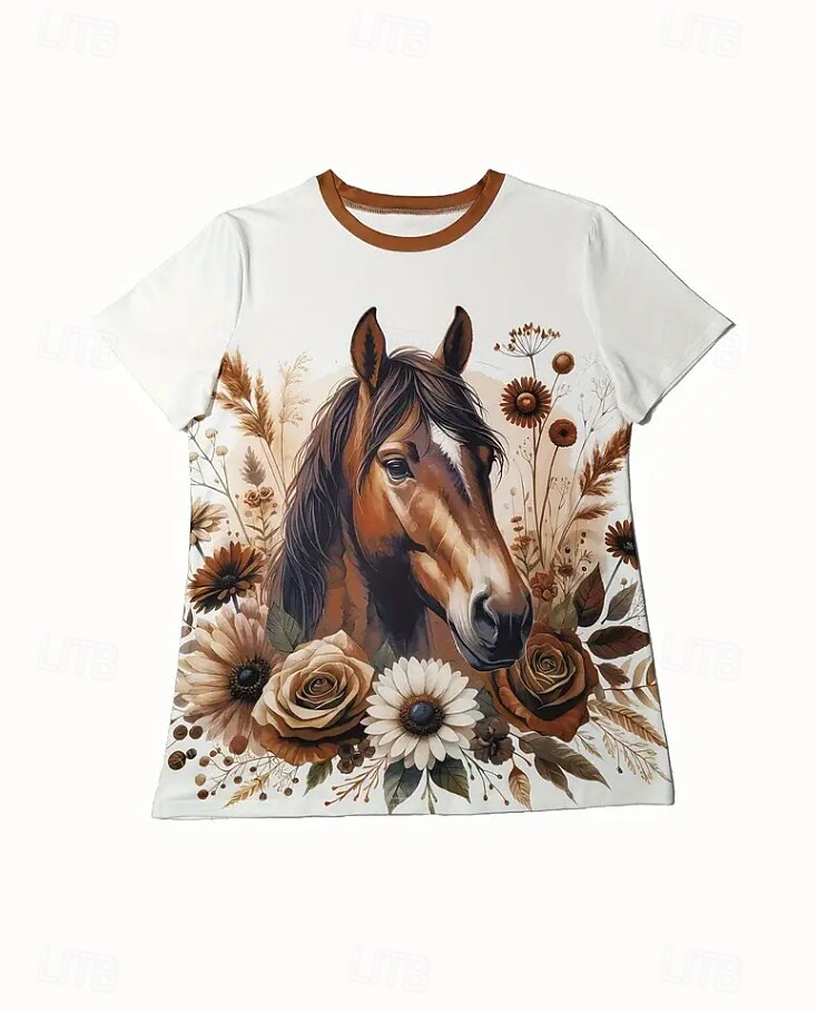 Femmes T-shirt Graphique Animal Cheval ancien Élégant Classique Manche Courte Col ras du cou Col rond Hauts Réguliers Quotidien Week-end Imprimé Noir Blanche Bleu Bleu Poudré Été Printemps de 2025 ? $19.99 –P2