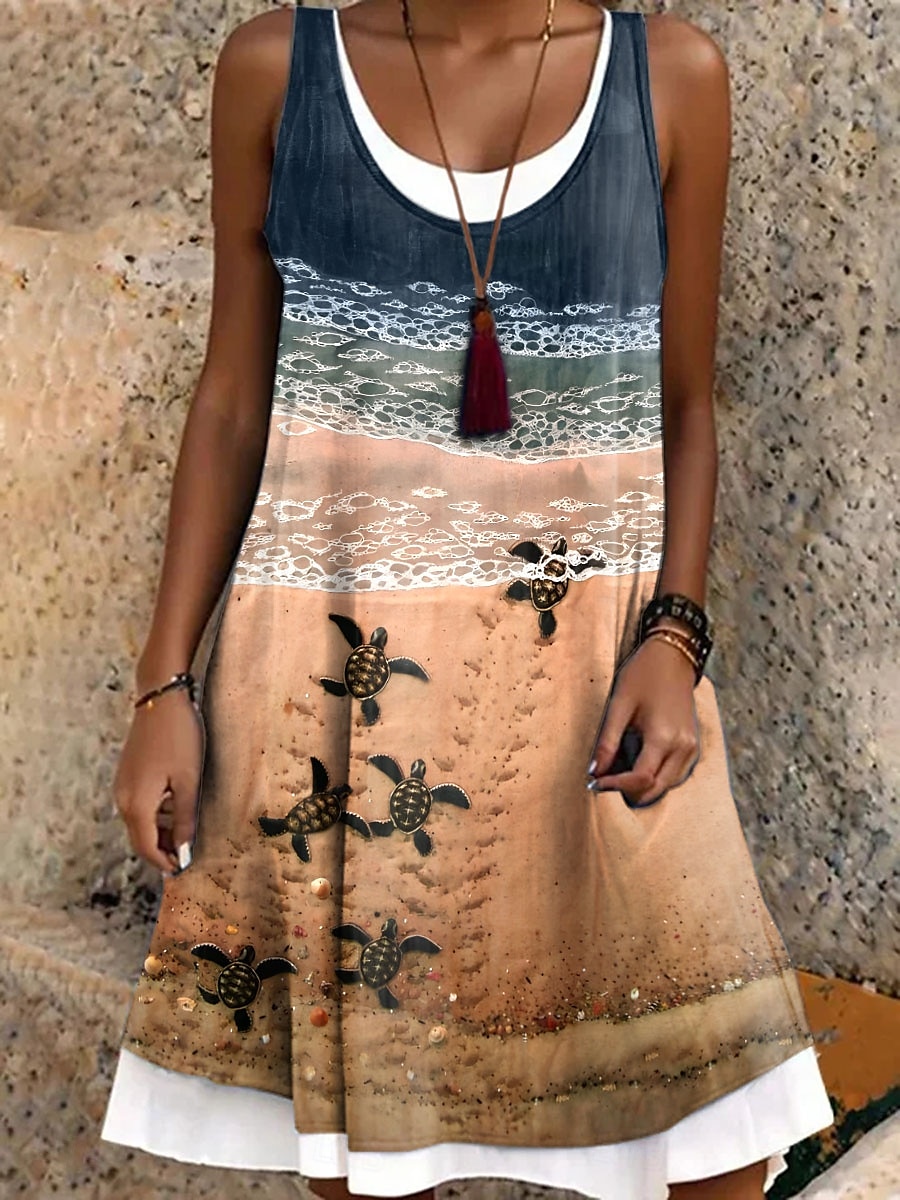 Dam Mini klänning Solklänning A linjeklänning Off Shoulder Klänning Semester Ledigt Boho Dagligen Normal Grafisk Djur Ärmlös Rund hals Blå Purpur Brun Grön Sommar Vår Höst 2025 - $24.99 –P1