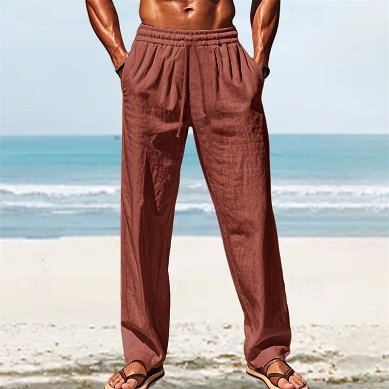 Men's Linen Pants Trousers Summer Pants Beach Pants Pocket Elastic Waist Drawstring Plain Comfort Breathable Vacation Daily Holiday Hawaiian Boho White Dark Red 2025 - $18.99 –P9