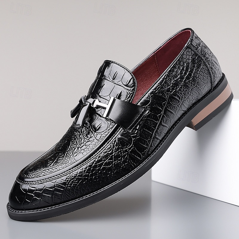Miesten ruskeat krokotiilikuvioiset keinonahkaiset tupsukoristeiset loaferit – kiiltävät slip-on-pukukengät varttuneemmille herrasmiehille, liikelounaille ja virallisiin tilaisuuksiin 2025 - $46.99 –P7