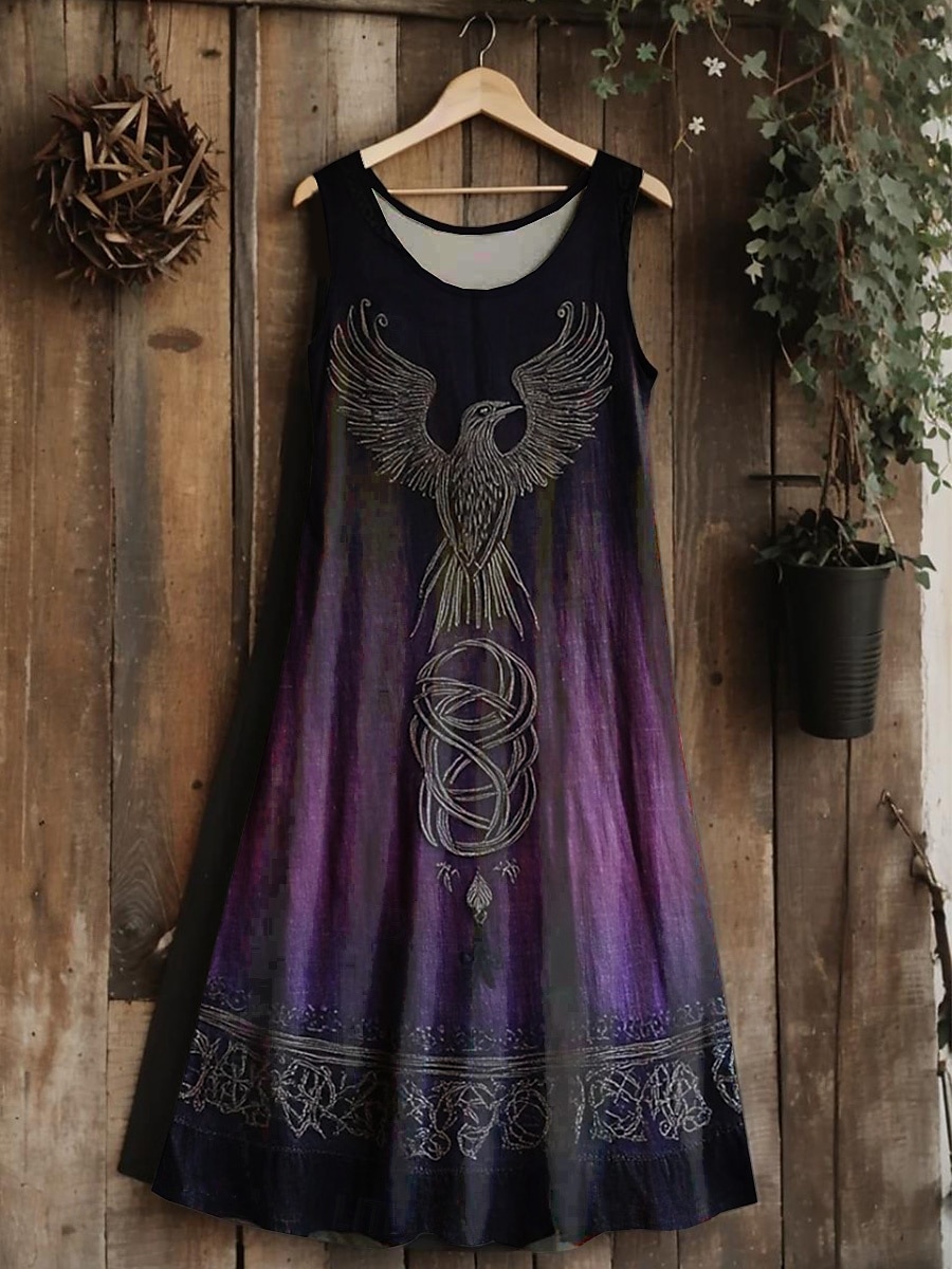 dame vintage viking keltisk knute gradient kunst midikjole sommerkjole A-linjekjole ferie avslappet bohemsk bryllupsfest ute vanlig passform blomsterprint grafisk blad ermeløs U-hals 2025 - $21.99 –P2