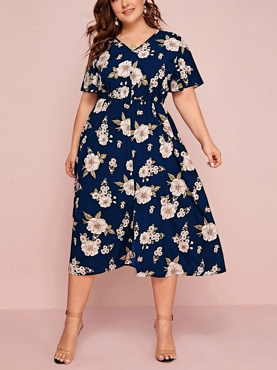 Pentru femei Mărime Plus Rochie casual Floral În V Manșon scurt Vară Primăvară Elegant Modă Modern Casual Rochii Midi Zilnic Concediu Rochie 2025 - $23.99 –P6
