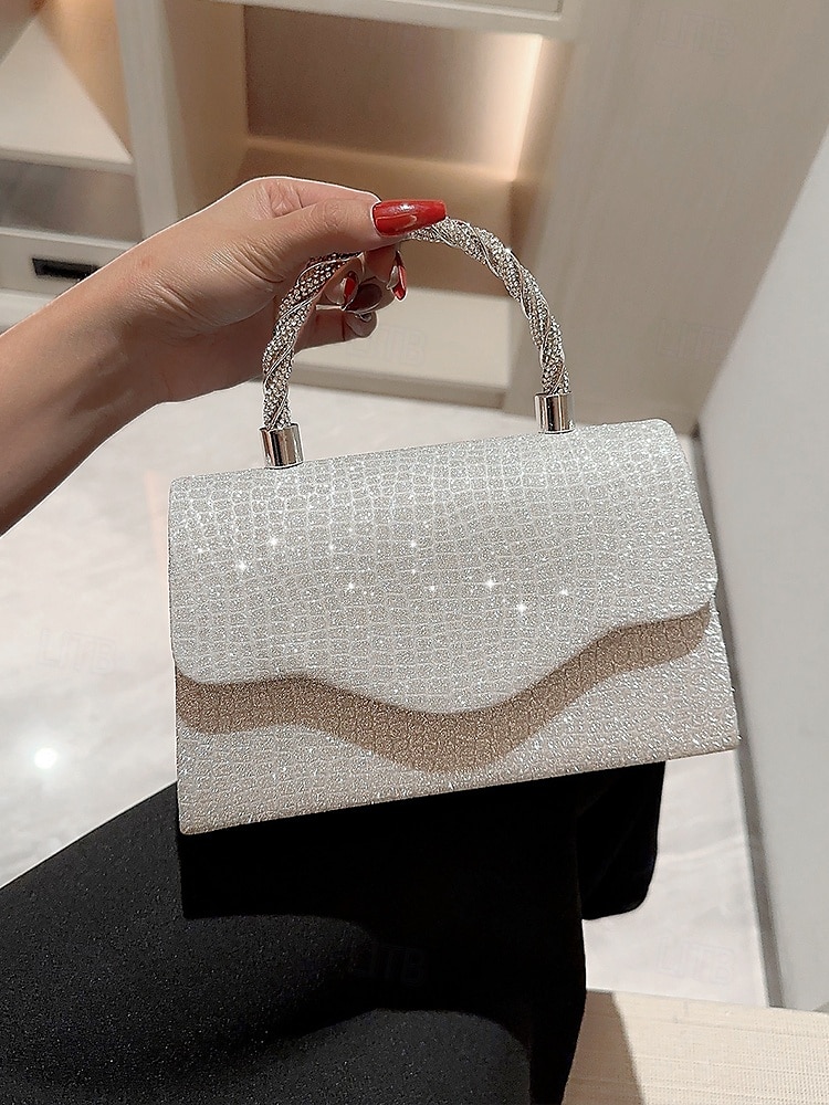 Bolso de mano para mujer con purpurina plateada y asa de diamantes de imitación: elegante bolso de noche para fiestas, bodas y cócteles. 2025 - $24.99 –P3