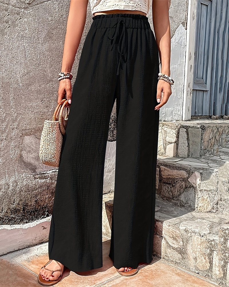 Dam Brett skaft Byxor Palazzo byxor Mode Streetwear Fullängd Hög midja Slät Elastisk midja Mateial som andas Bekväm Gata Dagliga kläder Utekväll Svart Vår Höst Normal 2025 - $18.99 –P3