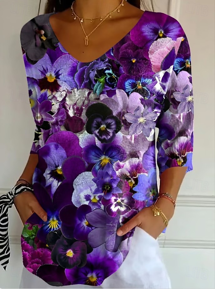 Dames Blouse Bloemig Grafisch Vintage Stijlvol Klassiek 3/4 mouw V-hals Normale tops Dagelijks Zwart en Wit Paars paars Zomer Lente Herfst 2025 - $25.99 –P1