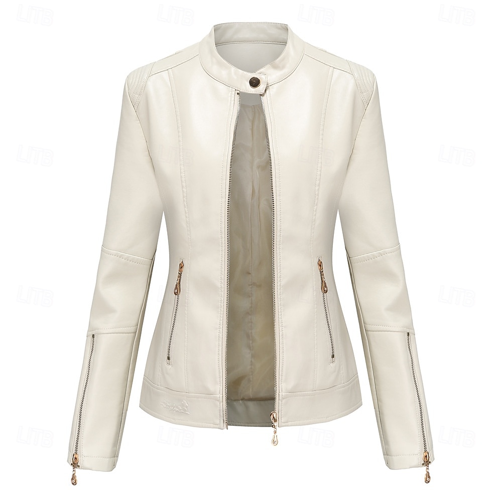 Women's Faux Leather Jacket Comfortable Pocket Full Zip Fashion Street Style Plain Outdoor Casual Daily Regular Stand Collar Regular Fit Long Sleeve Outerwear Red Green Beige Fall Winter 2025 - $41.99 –P6