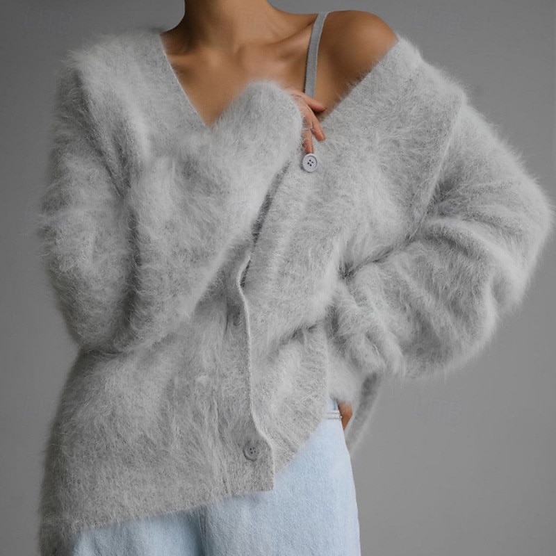 Damen Pullover Strickjacke Mode Streetwear Täglich Einfarbig Gerippt V Ausschnitt Gestrickt Langarm Lange Oberteile Stricken Ferien Ausgehen Wochenende Khaki Hellgrau Herbst Winter 2025 - $26.99 –P3