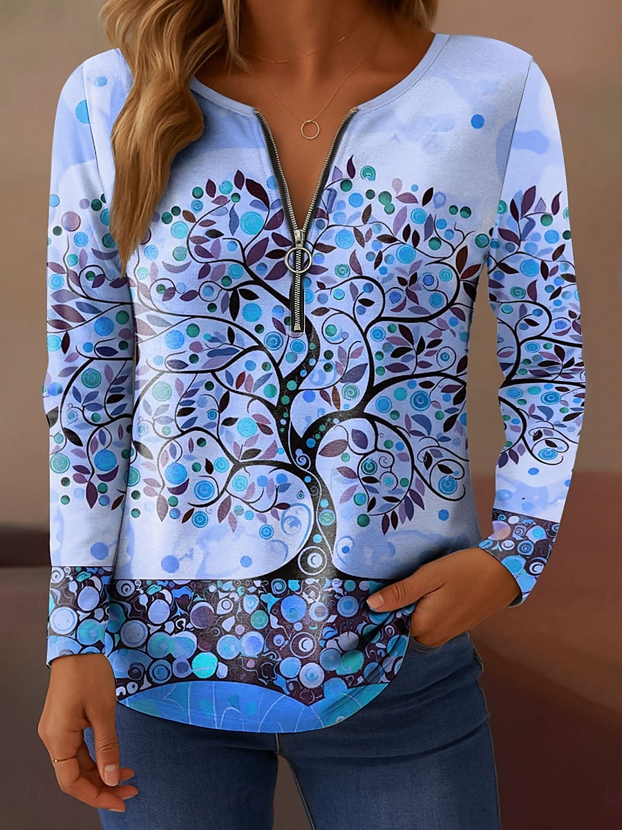Femmes T-shirt Fleuri Graphique Élégant ancien Classique manche longue Col en V Hauts Réguliers Quotidien Week-end Fermeture éclair Imprimé Rose Claire Bleu Orange Vert Printemps Automne de 2025 ? $23.99 –P3
