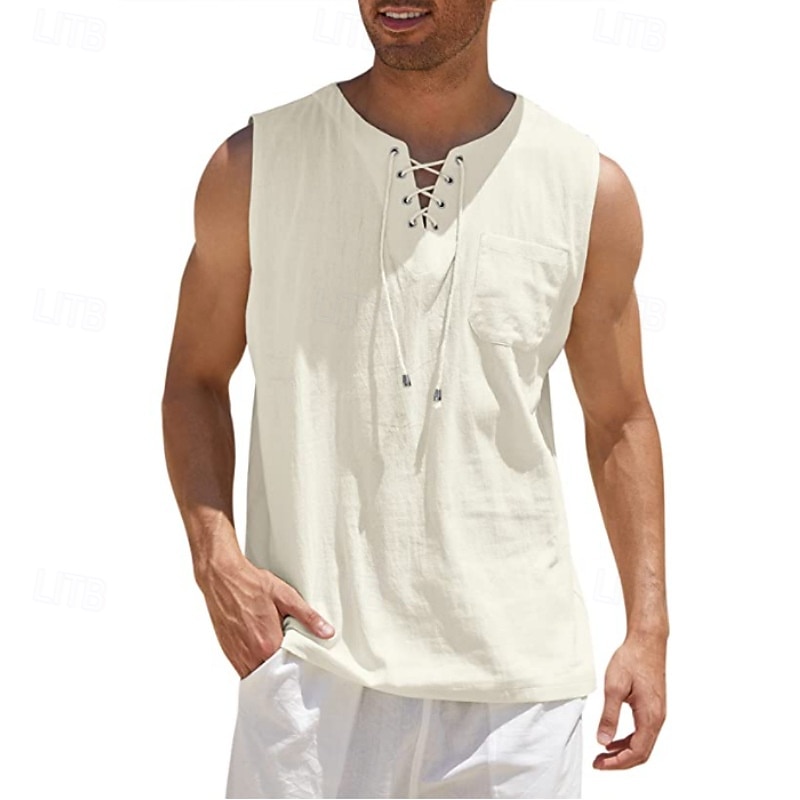 Per uomo Camicia Camicia di lino Camicia popover Camicia Estiva Abbigliamento da spiaggia Maglietta senza maniche Tinta unica Vacanza Streetwear Nero Bianco Blu marino Azzurro cielo Senza Maniche del 2025 a $19.99 –P9