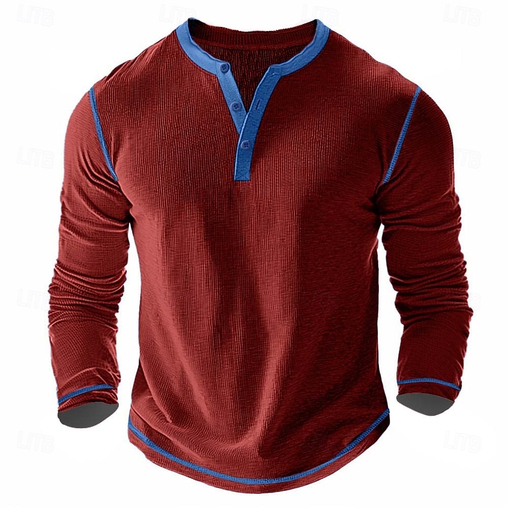 Men's T Shirt Henley Shirt Waffle Knit Tee Tee Top Long Sleeve Shirt Long Sleeve Color Block Solid Fashion Designer Basic Patchwork Henley Vacation Street Casual Spring & Fall Dark Gray Black White 2025 - $20.99 –P11