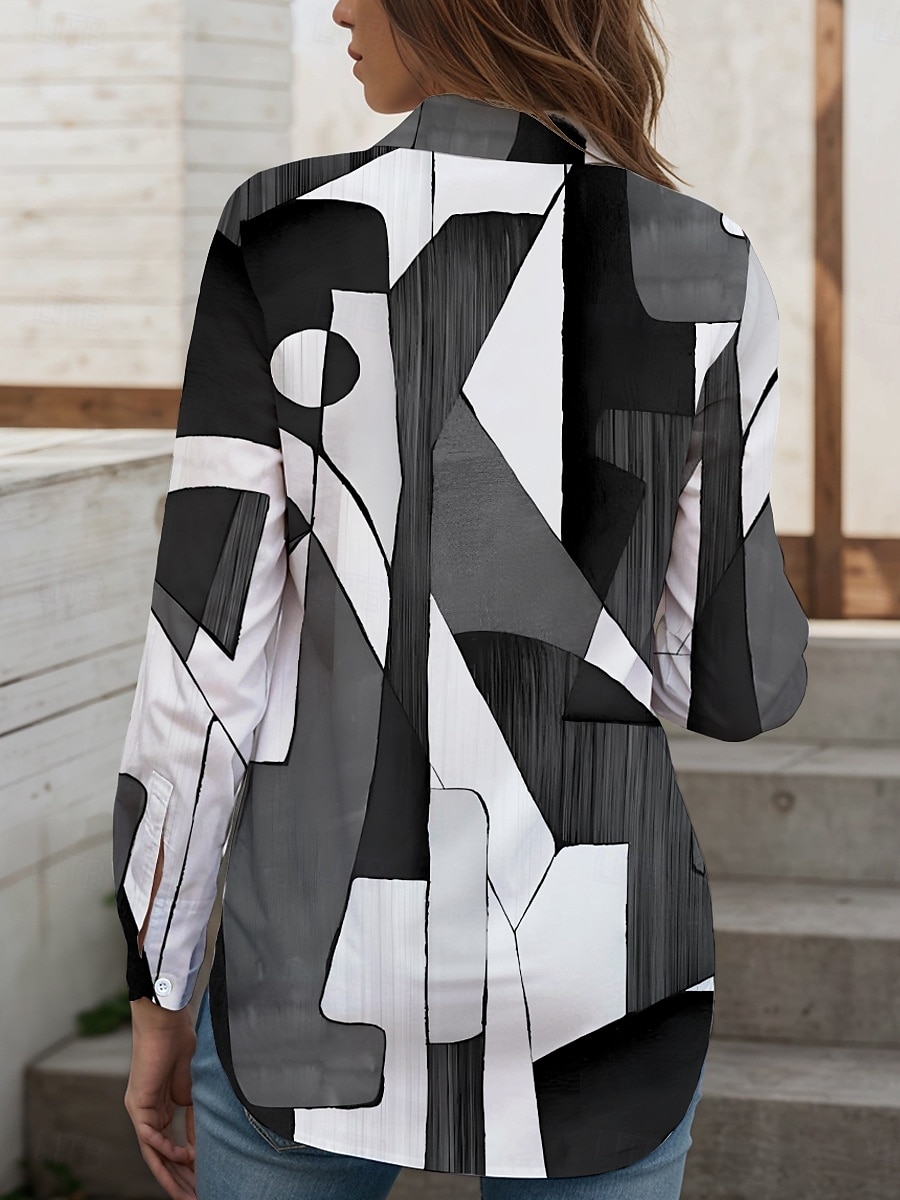Damen Hemd Knopfverschluss Tunika Hemd Kragen Langarm Grafik Geometrisch Abstrakt Vintage Alltag Stilvoll Regular Tops Arbeit Alltag Feiertag s Print Schwarz und Weiß Pink Blau Lila Grün Frühling 2025 - $33.99 –P2